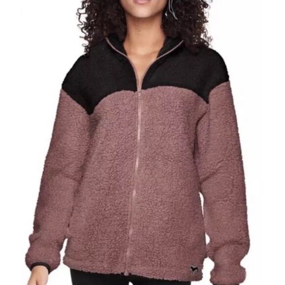 Victoria's Secret PINK Plum & Black Color Block Sherpa Zip Jacket size Large - Picture 1 of 9